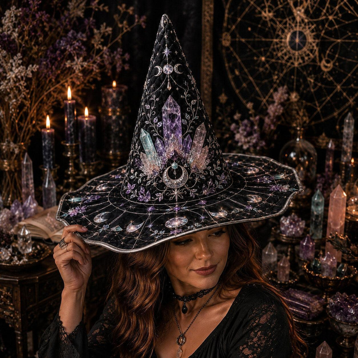 Crystal Witch Hat – Amethyst Celestial Moon Phase Wiccan Brim Hat – worn, front view