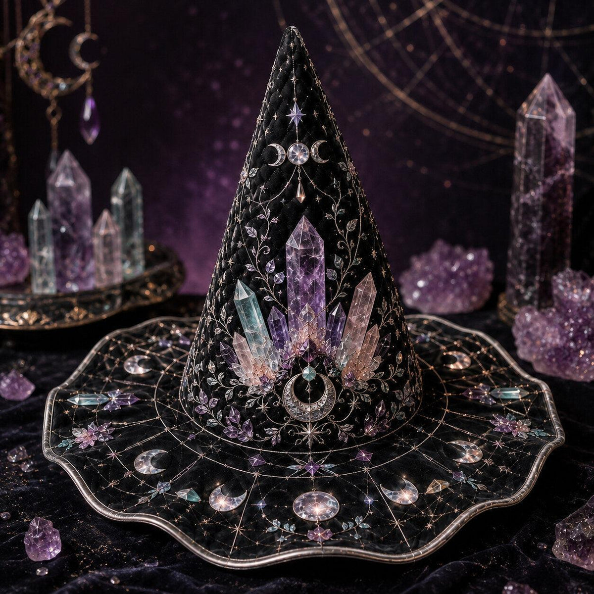 Crystal Witch Hat – Amethyst Celestial Moon Phase Wiccan Brim Hat – quilting and print detail