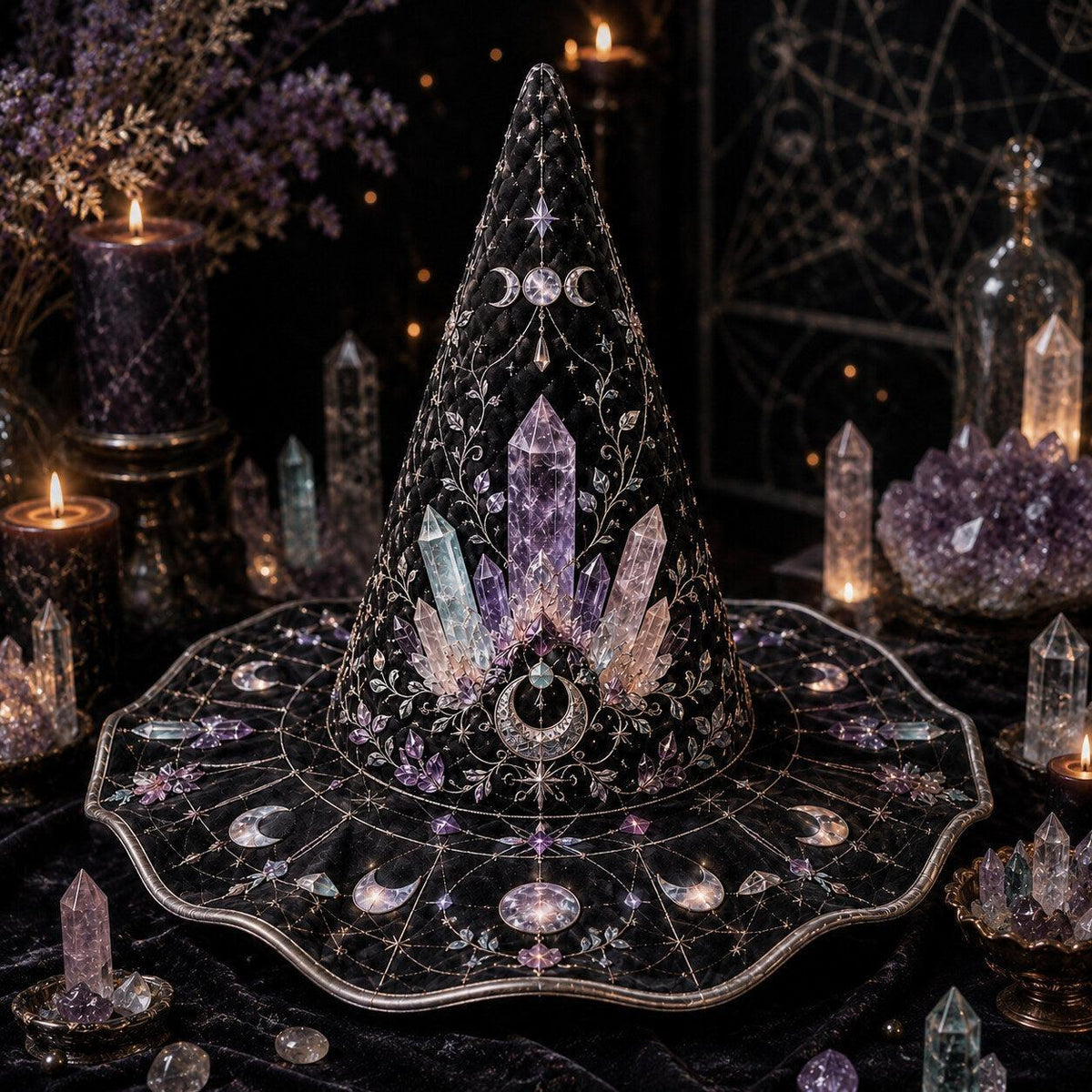 Crystal Witch Hat – Amethyst Celestial Moon Phase Wiccan Brim Hat – held in both hands