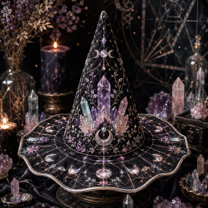Crystal Witch Hat – Amethyst Celestial Moon Phase Wiccan Brim Hat – on an altar table