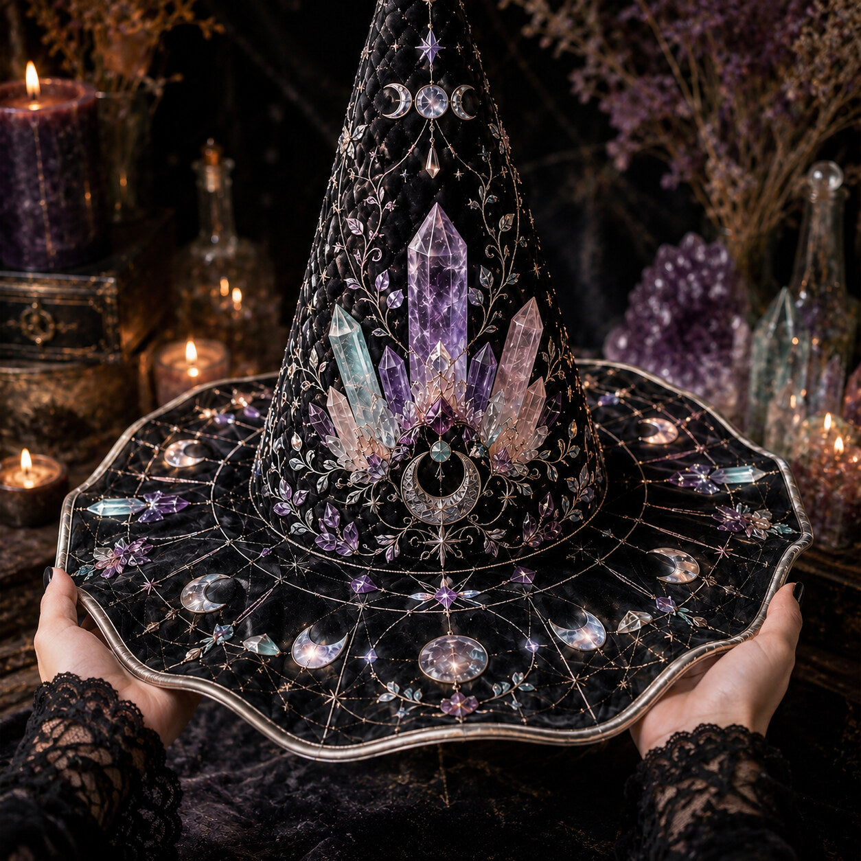 Crystal Witch Hat – Amethyst Celestial Moon Phase Wiccan Brim Hat – styled with candles and crystals
