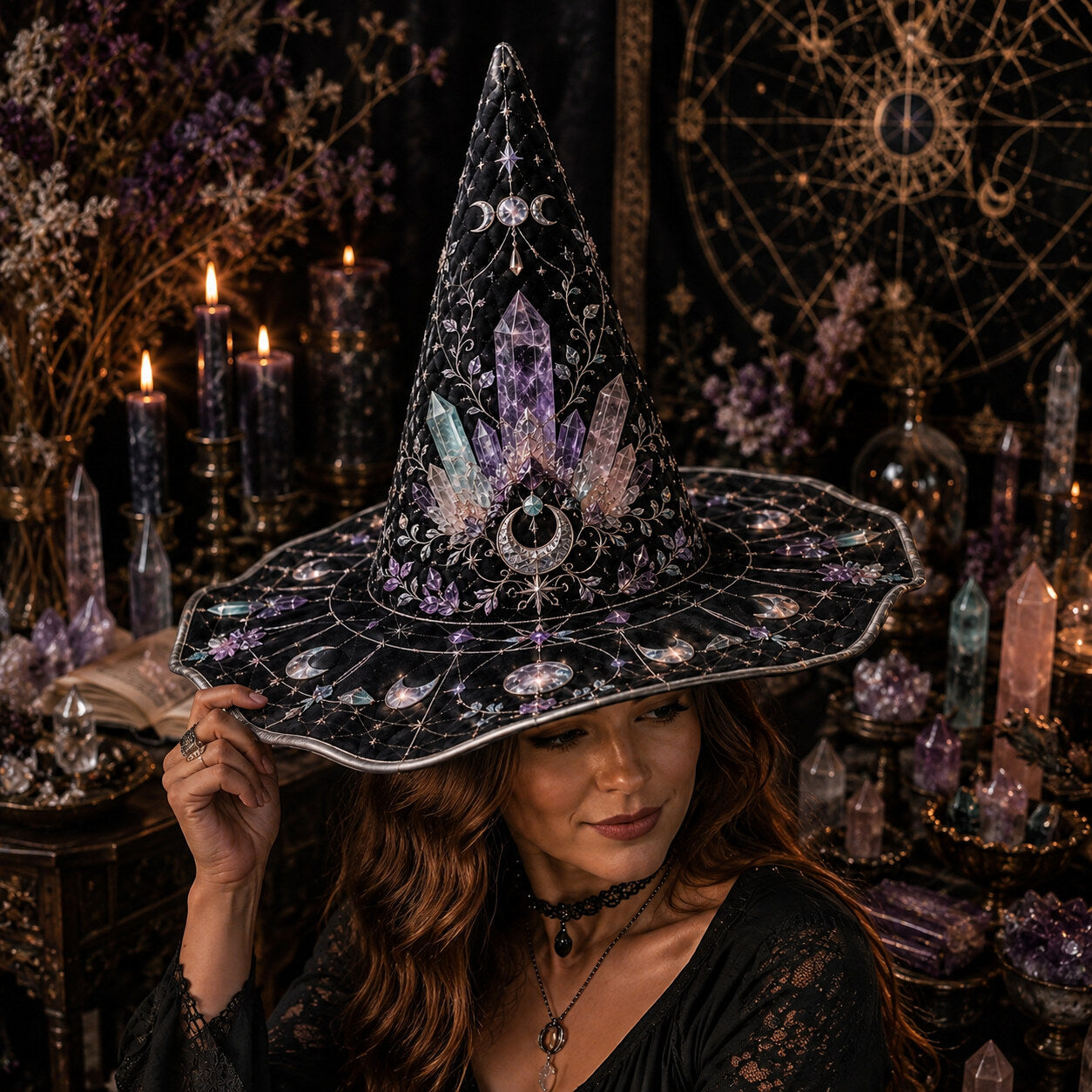 Crystal Witch Hat – Amethyst Celestial Moon Phase Wiccan Brim Hat – worn, front view