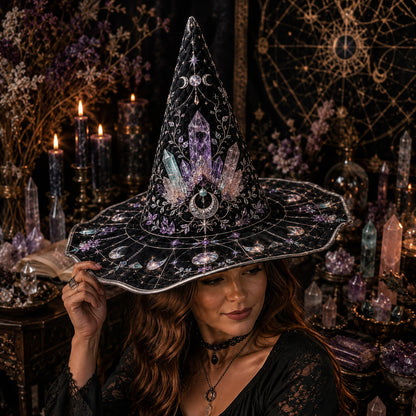 Crystal Witch Hat – Amethyst Celestial Moon Phase Wiccan Brim Hat – worn, front view