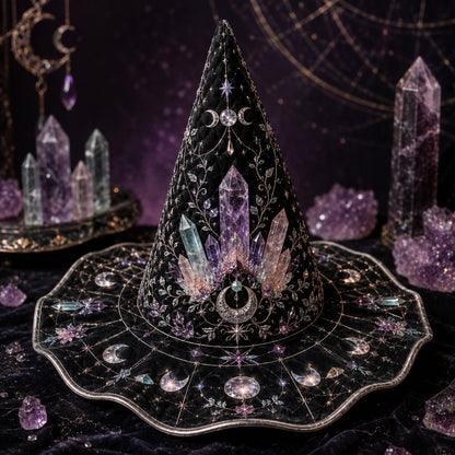 Crystal Witch Hat – Amethyst Celestial Moon Phase Wiccan Brim Hat – quilting and print detail