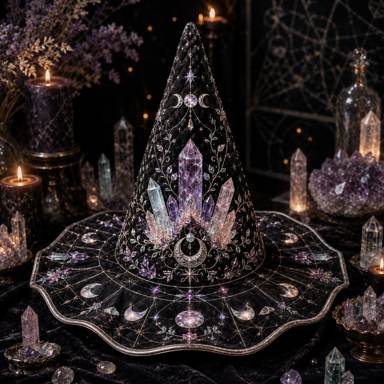 Crystal Witch Hat – Amethyst Celestial Moon Phase Wiccan Brim Hat – held in both hands