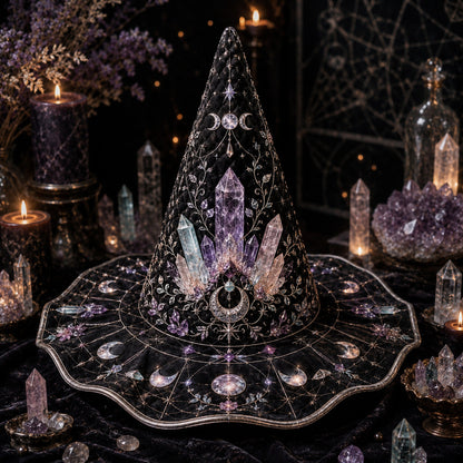 Crystal Witch Hat – Amethyst Celestial Moon Phase Wiccan Brim Hat – held in both hands