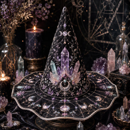 Crystal Witch Hat – Amethyst Celestial Moon Phase Wiccan Brim Hat – on an altar table