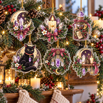 Crystal Witch Yule Charms Acrylic Ornament Set – Pagan Christmas Decor – set of 6, another view