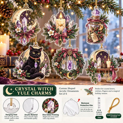 Crystal Witch Yule Charms Acrylic Ornament Set – Pagan Christmas Decor – ornament size and details