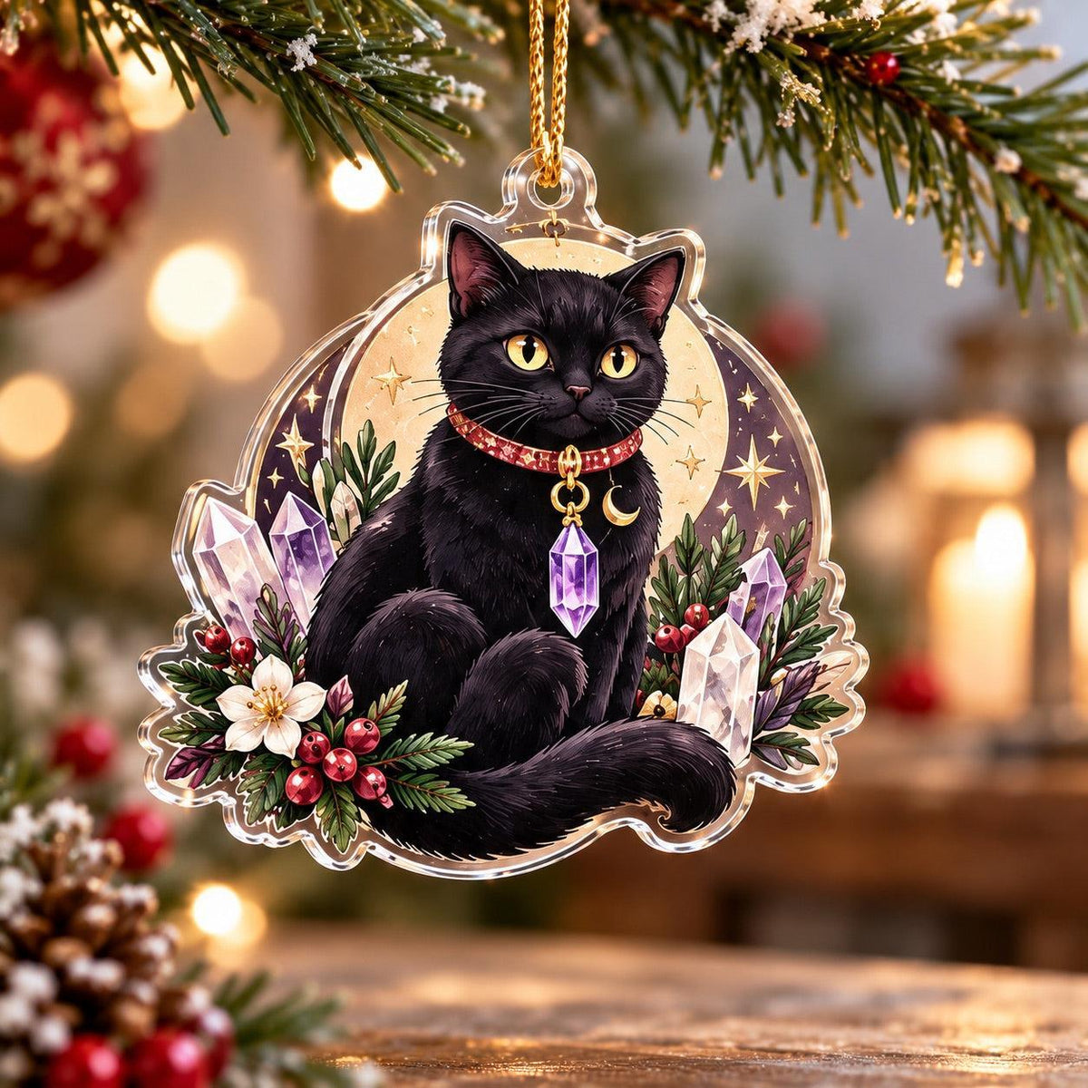 Crystal Witch Yule Charms Acrylic Ornament Set – Pagan Christmas Decor – Crystal Black Cat ornament