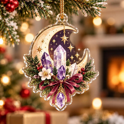Crystal Witch Yule Charms Acrylic Ornament Set – Pagan Christmas Decor – Crystal Crescent Moon ornament