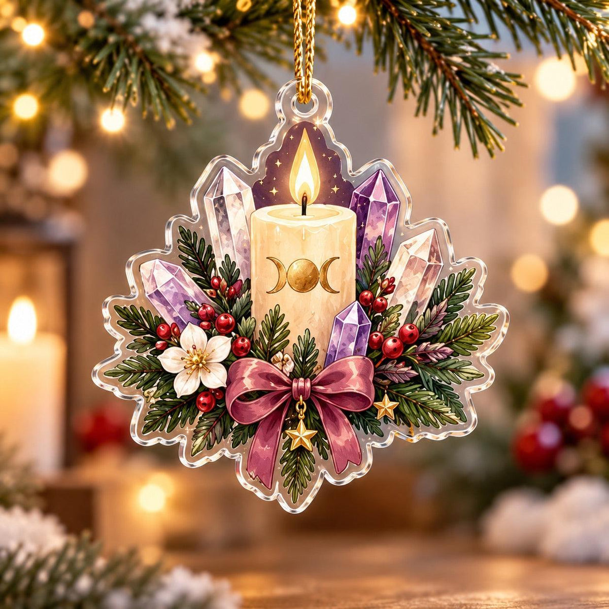 Crystal Witch Yule Charms Acrylic Ornament Set – Pagan Christmas Decor – Triple Moon Candle ornament