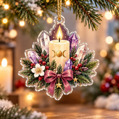 Crystal Witch Yule Charms Acrylic Ornament Set – Pagan Christmas Decor – Triple Moon Candle ornament