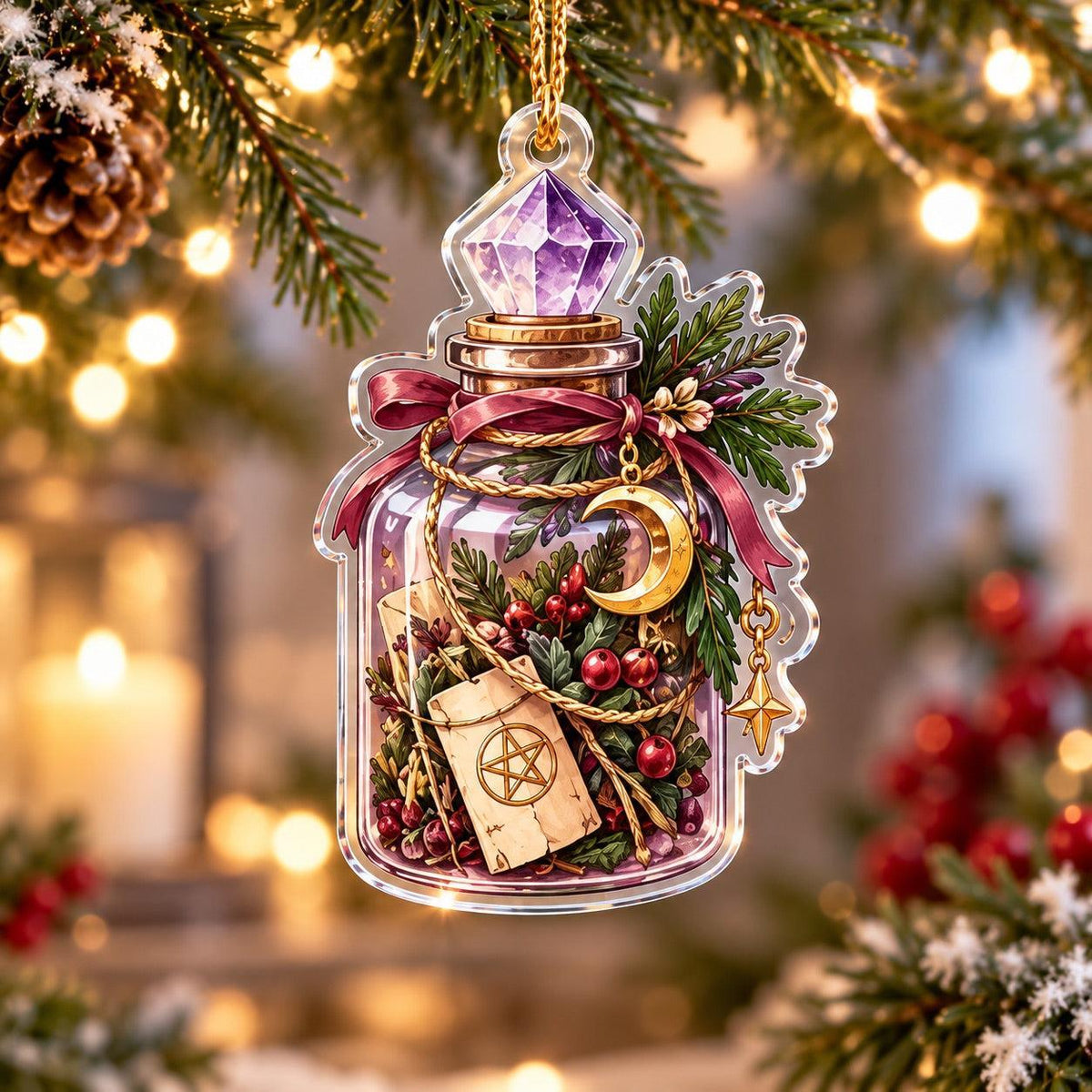 Crystal Witch Yule Charms Acrylic Ornament Set – Pagan Christmas Decor – Crystal Spell Jar ornament