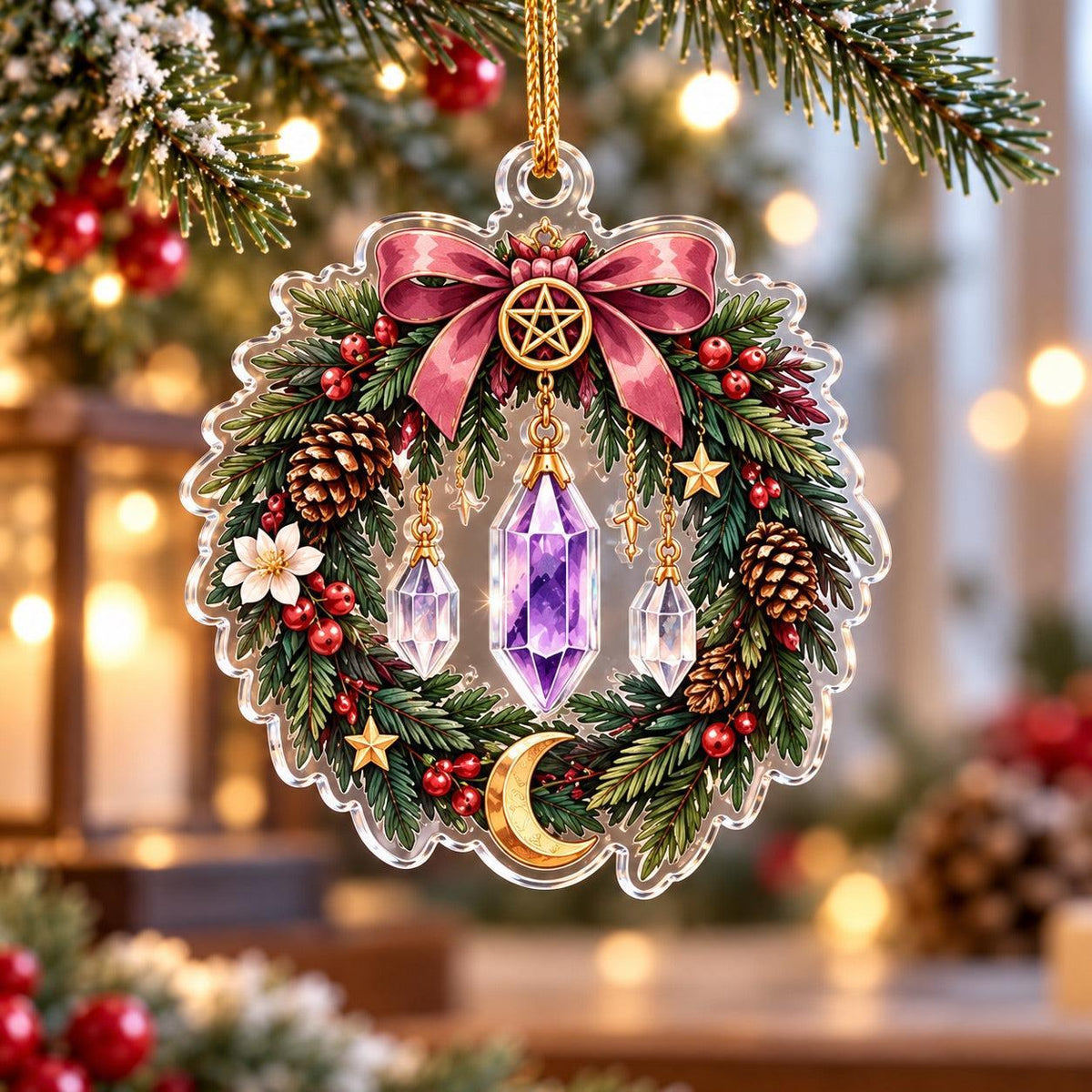 Crystal Witch Yule Charms Acrylic Ornament Set – Pagan Christmas Decor – Pentacle Wreath ornament