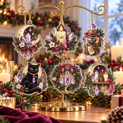 Crystal Witch Yule Charms Acrylic Ornament Set – Pagan Christmas Decor – set of 6, another view