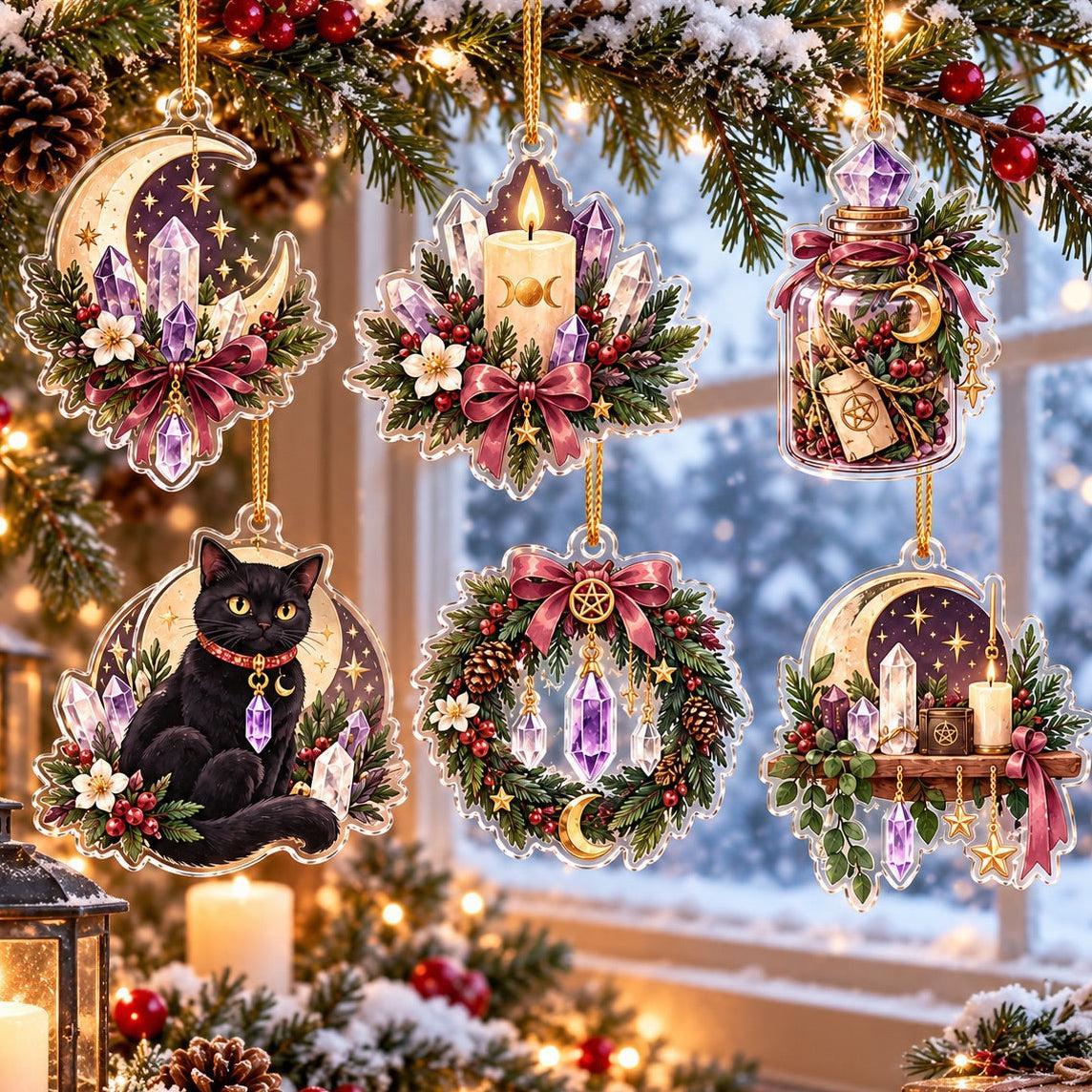 Crystal Witch Yule Charms Acrylic Ornament Set – Pagan Christmas Decor – set of 6 acrylic ornaments