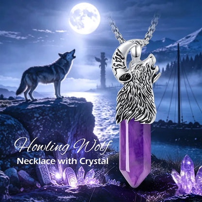 Crystal wolf necklace shown flat against a pale backdrop