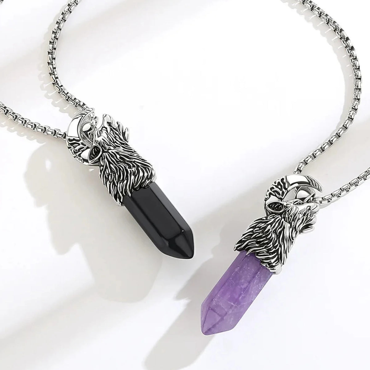 Obsidian crystal pillar set in the gothic wolf pendant