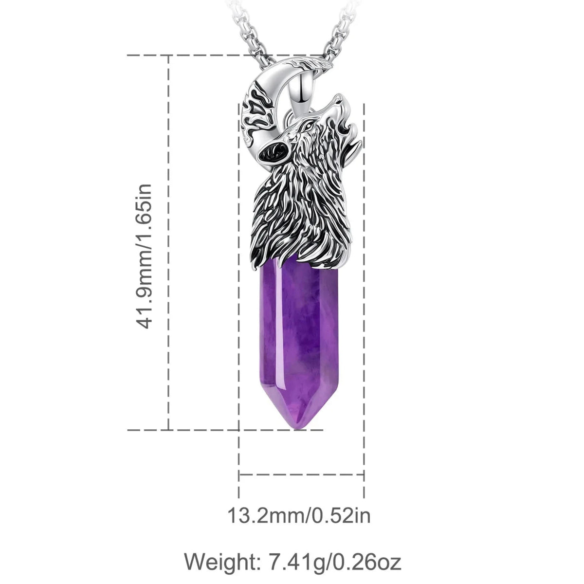 Wolf moon crystal pendant worn over a dark neckline