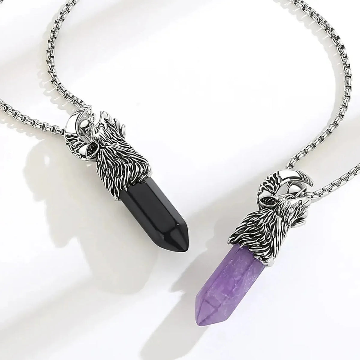 Obsidian crystal pillar set in the gothic wolf pendant