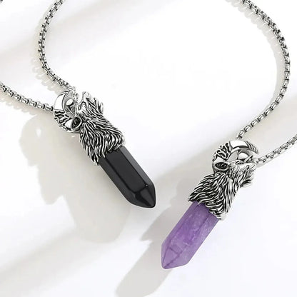 Obsidian crystal pillar set in the gothic wolf pendant