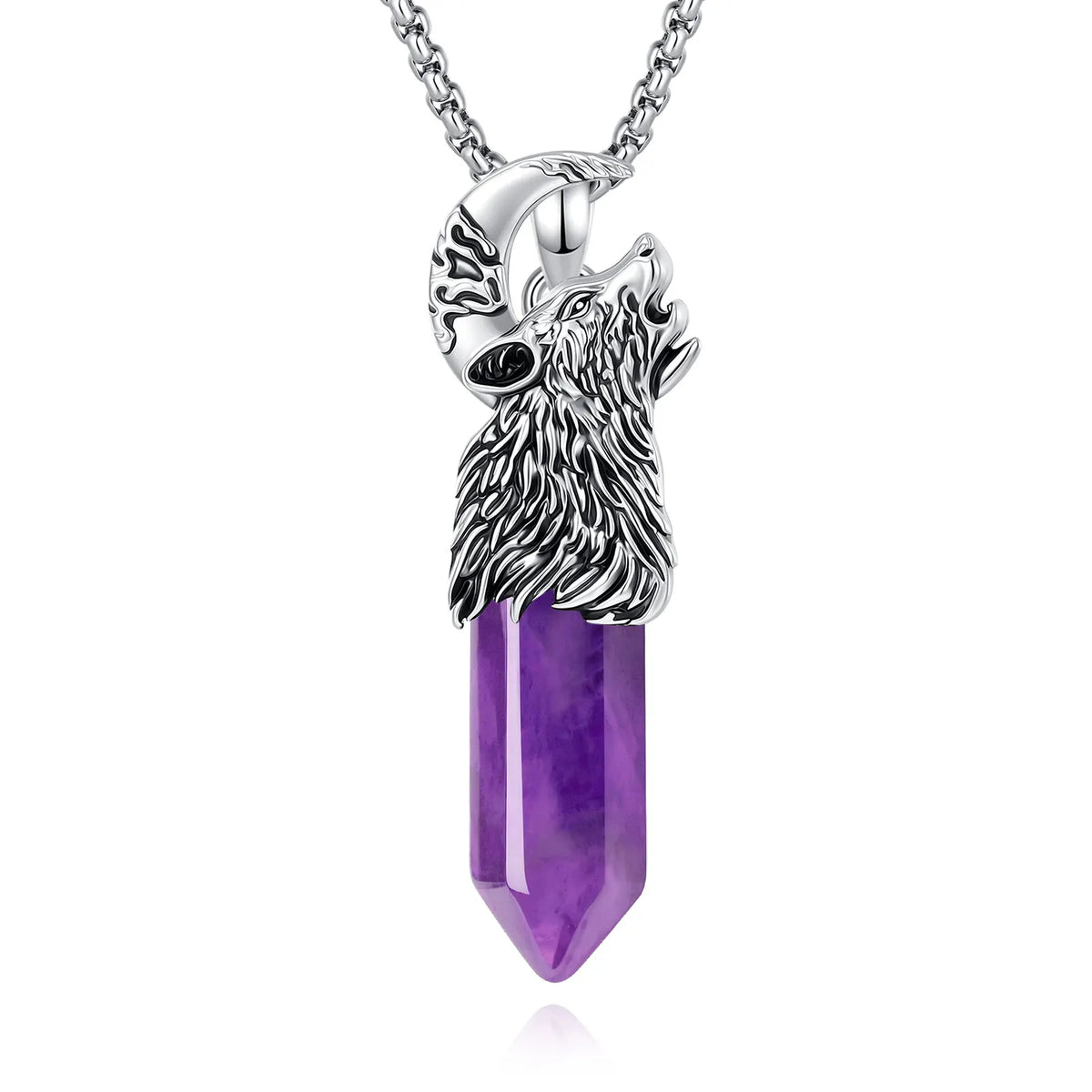 Crystal wolf and crescent moon necklace with hexagonal stone