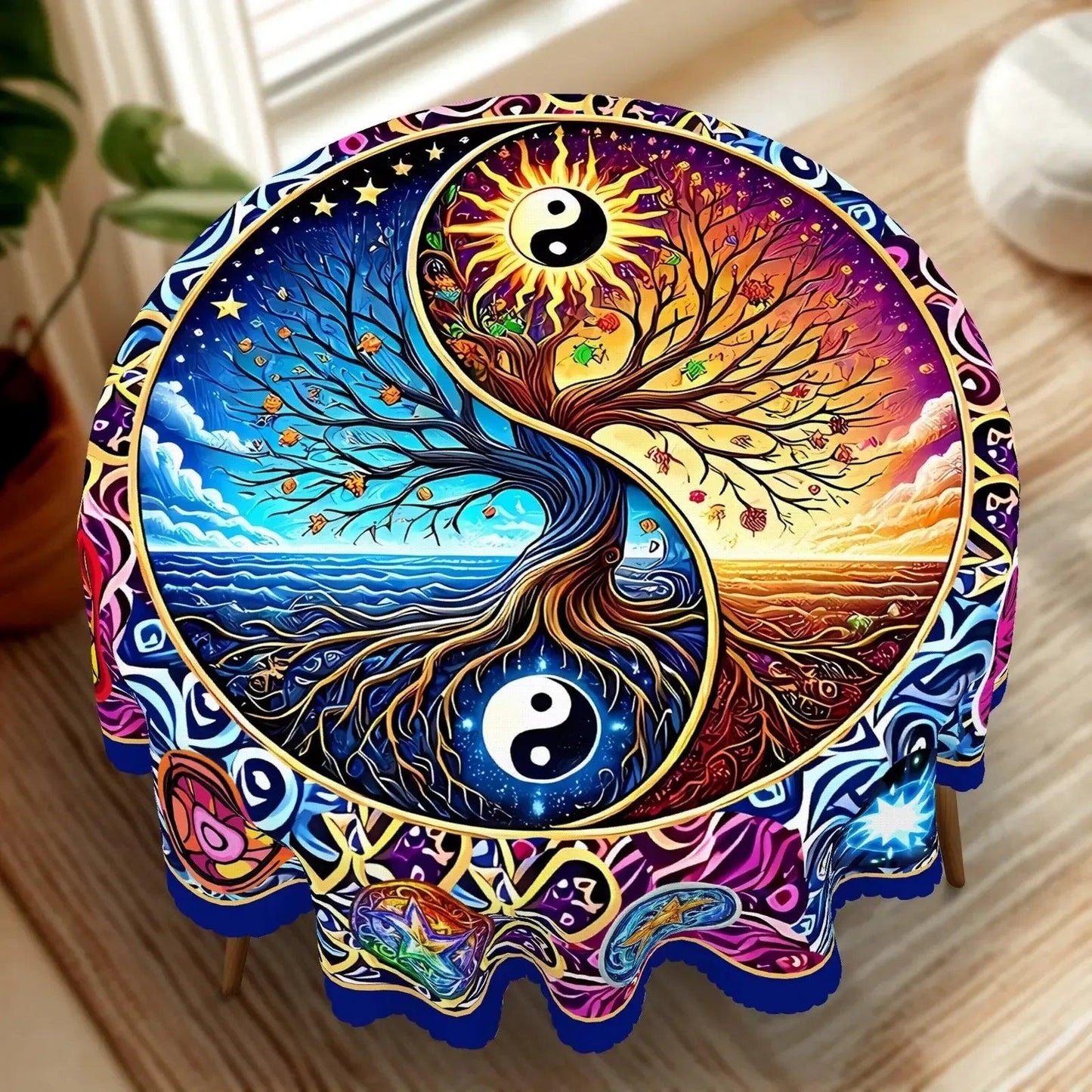Bohemian Yin-Yang Tree of Life Tablecloth for Pagan Home Decor-MoonChildWorld