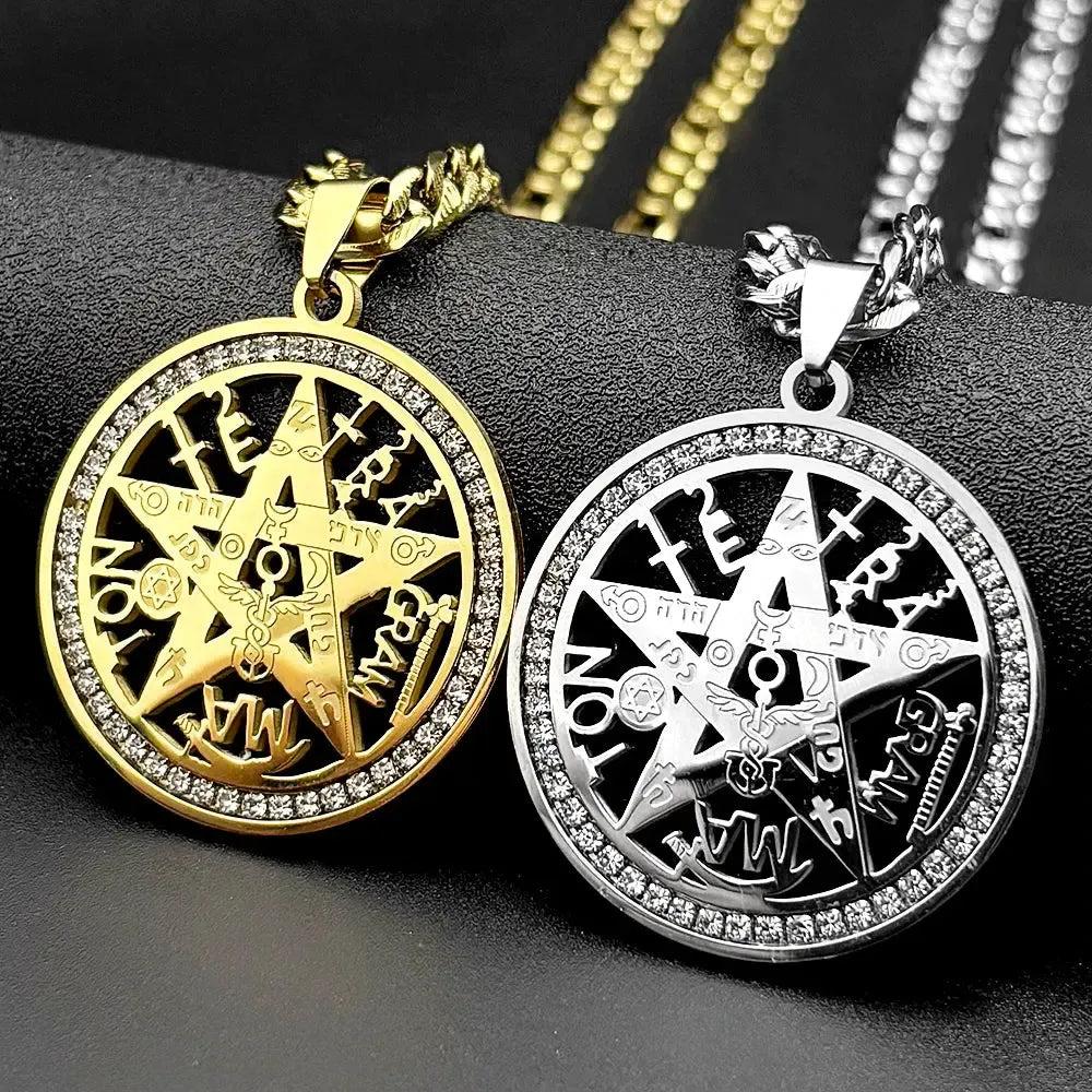 Gold and silver stainless steel Tetragrammaton Seal of Solomon pentagram necklaces with clear crystals.