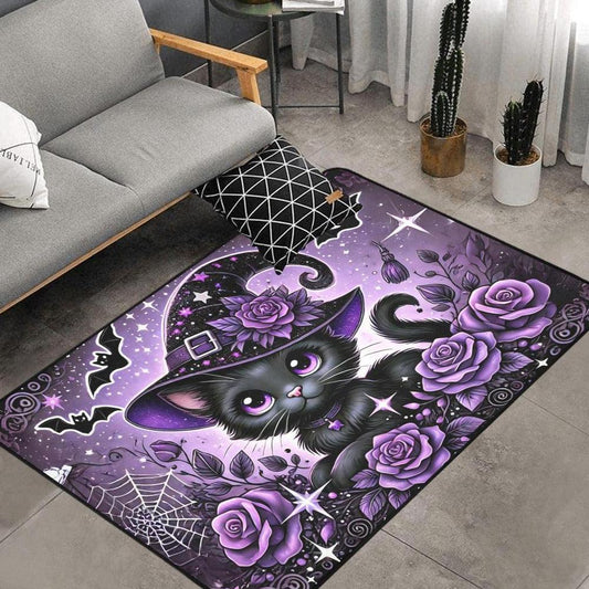Cute Black Cat Gothic Area Rug Spooky Cat Carpet for Halloween-MoonChildWorld