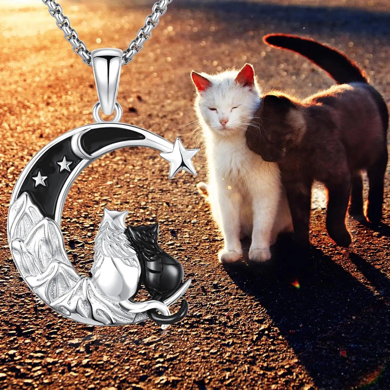 Cute Cats Necklace 925 Sterling Silver Magic Moon Cat Necklace Witchy Jewelry-MoonChildWorld