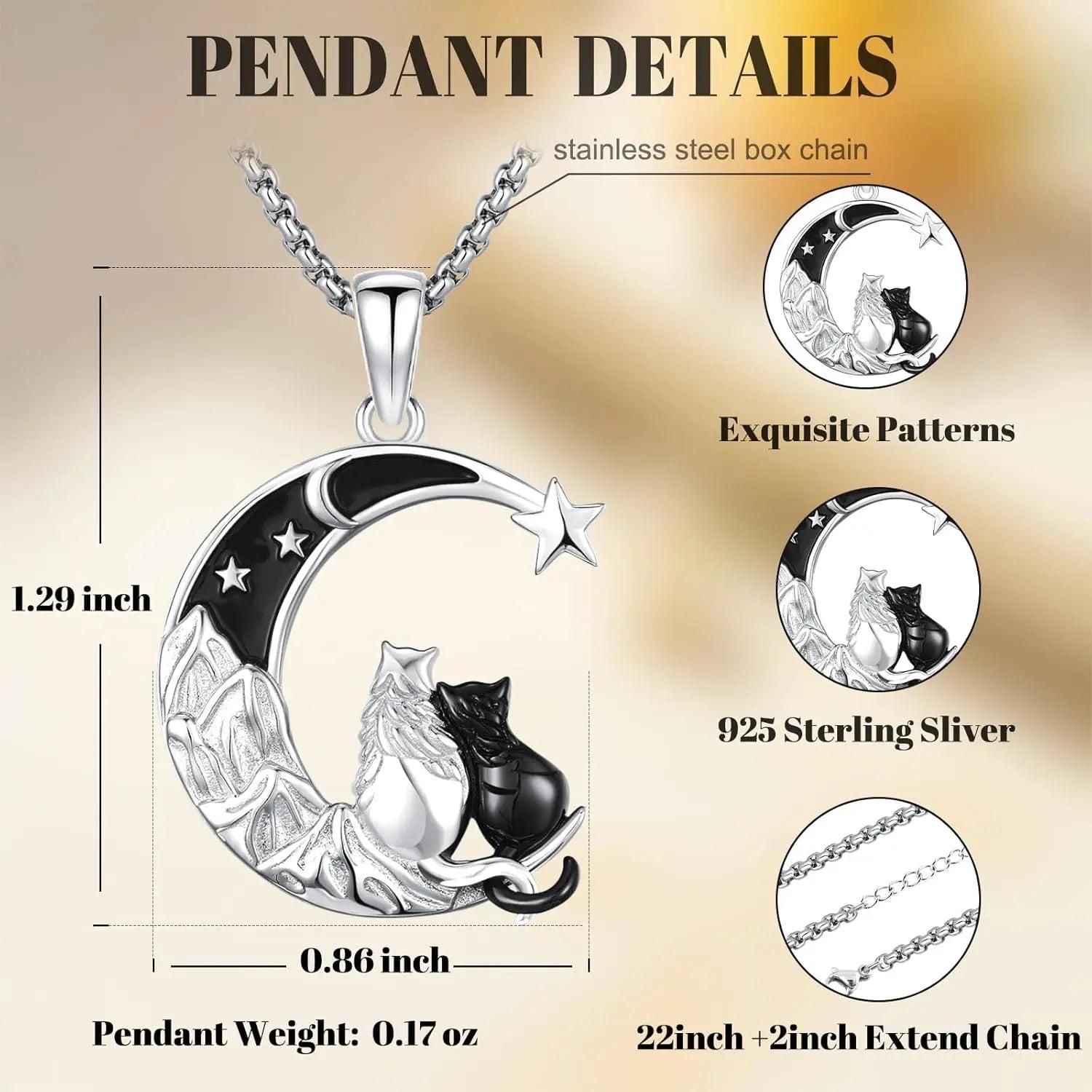 Cute Cats Necklace 925 Sterling Silver Magic Moon Cat Necklace Witchy Jewelry-MoonChildWorld