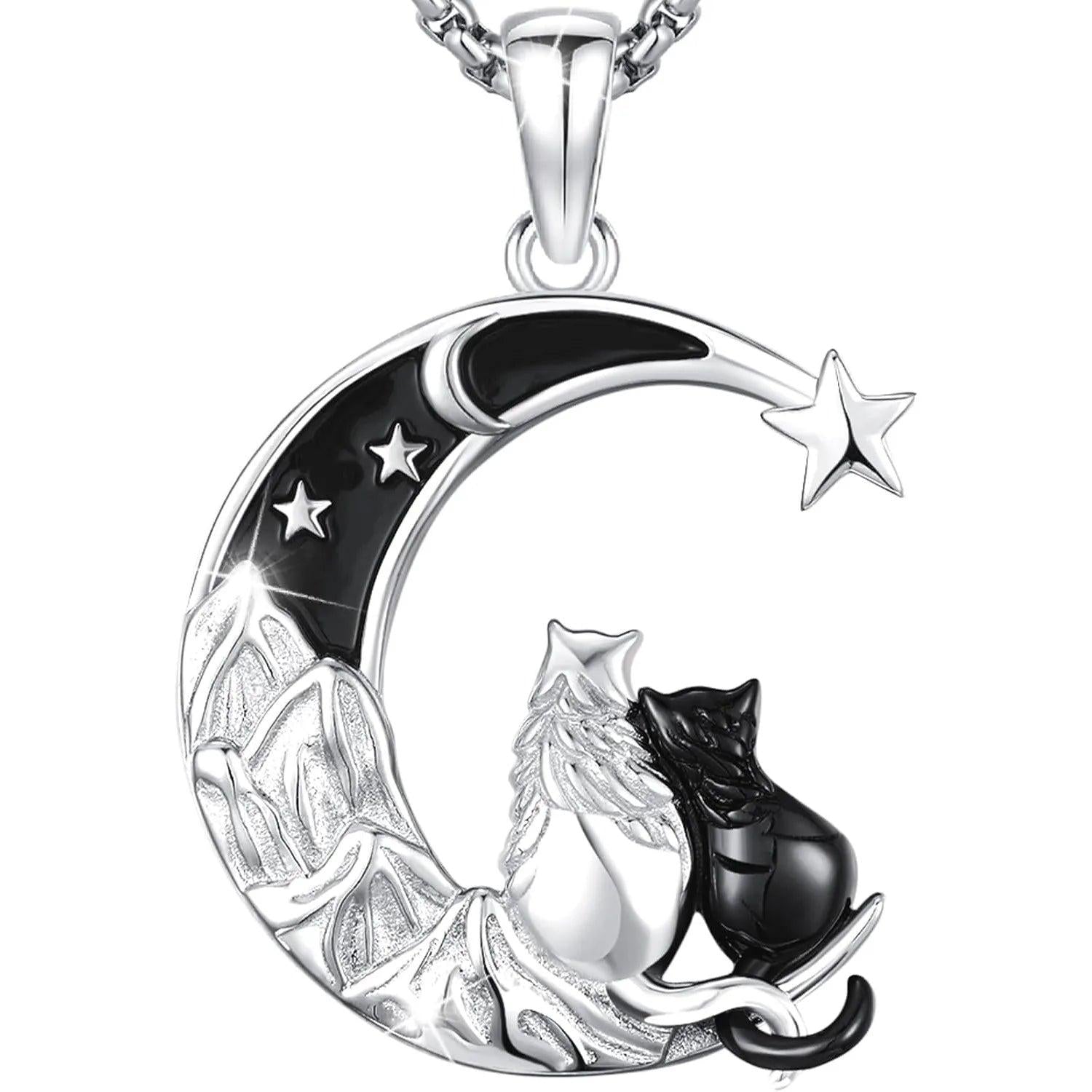 Cute Cats Necklace 925 Sterling Silver Magic Moon Cat Necklace Witchy Jewelry-MoonChildWorld