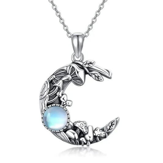 Cute Female Crystal White Moon Stone Mushroom Pendant Necklace Vintage Silver Color Wedding Jewelry For Women-MoonChildWorld