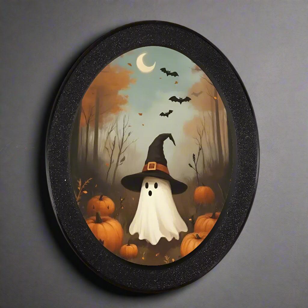 Cute Ghost Witch Wooden Oval Frame - Gothic Oval Wall Art - Halloween Wall Decoration-MoonChildWorld