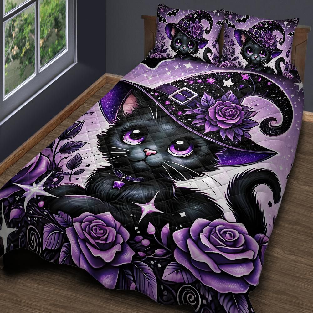 Cute Kitten Black Cat Witchy Quilt Bedding Set for Halloween-MoonChildWorld