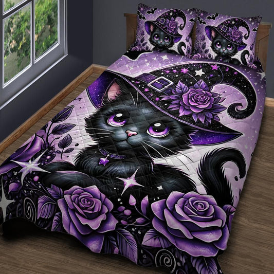 Cute Kitten Black Cat Witchy Quilt Bedding Set for Halloween-MoonChildWorld