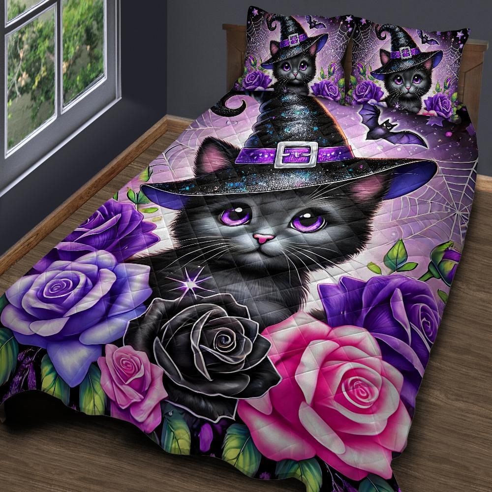 Cute Kitten Black Cat Witchy Quilt Bedding Set-MoonChildWorld