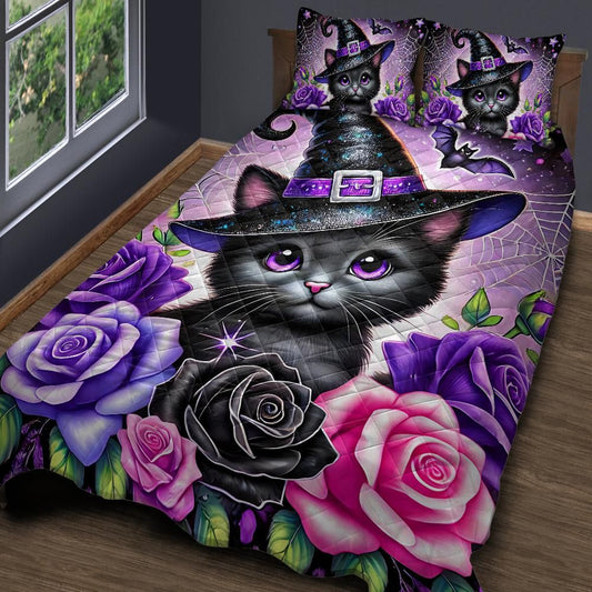 Cute Kitten Black Cat Witchy Quilt Bedding Set-MoonChildWorld