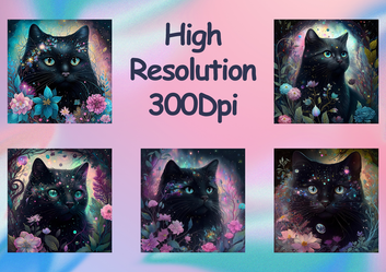 Floral cute black cat Digital Art