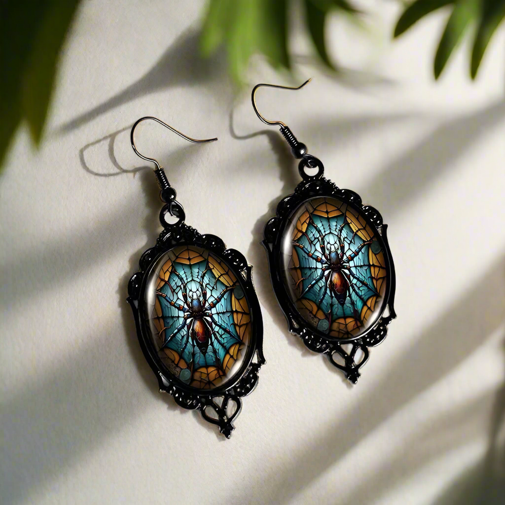 Halloween Spider Earrings Gothic Black Lace Glass Earrings-MoonChildWorld