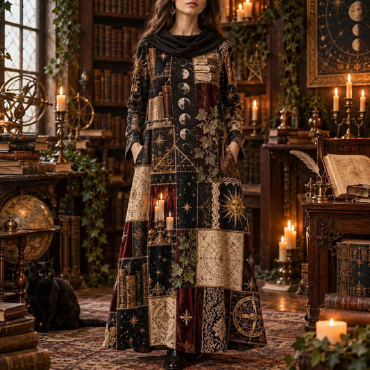 Dark Academia Occult Library Cowl Neck Dress – Gothic Witchy Maxi – worn, front view