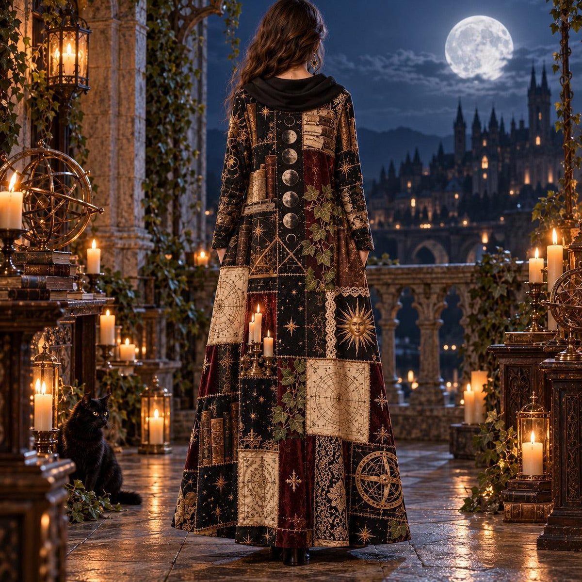 Dark Academia Occult Library Cowl Neck Dress – Gothic Witchy Maxi – worn, back view
