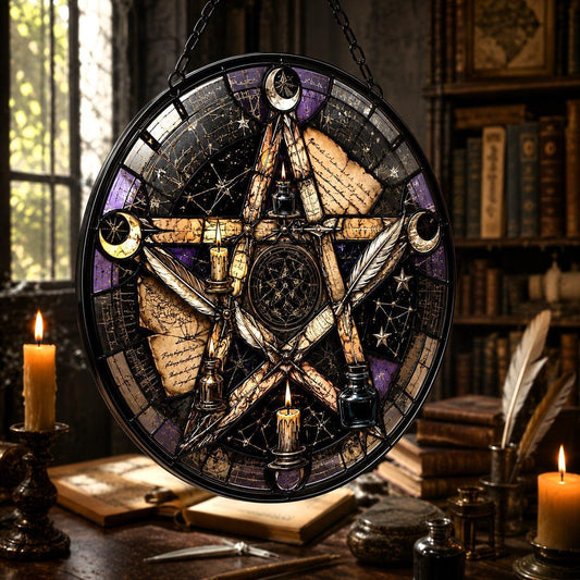 Dark Academia Pentagram Glass Suncatcher - hanging view