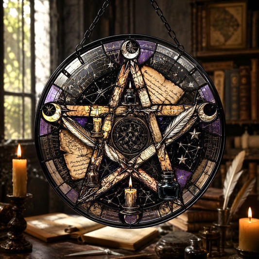 Dark Academia Pentagram Glass Suncatcher - window display