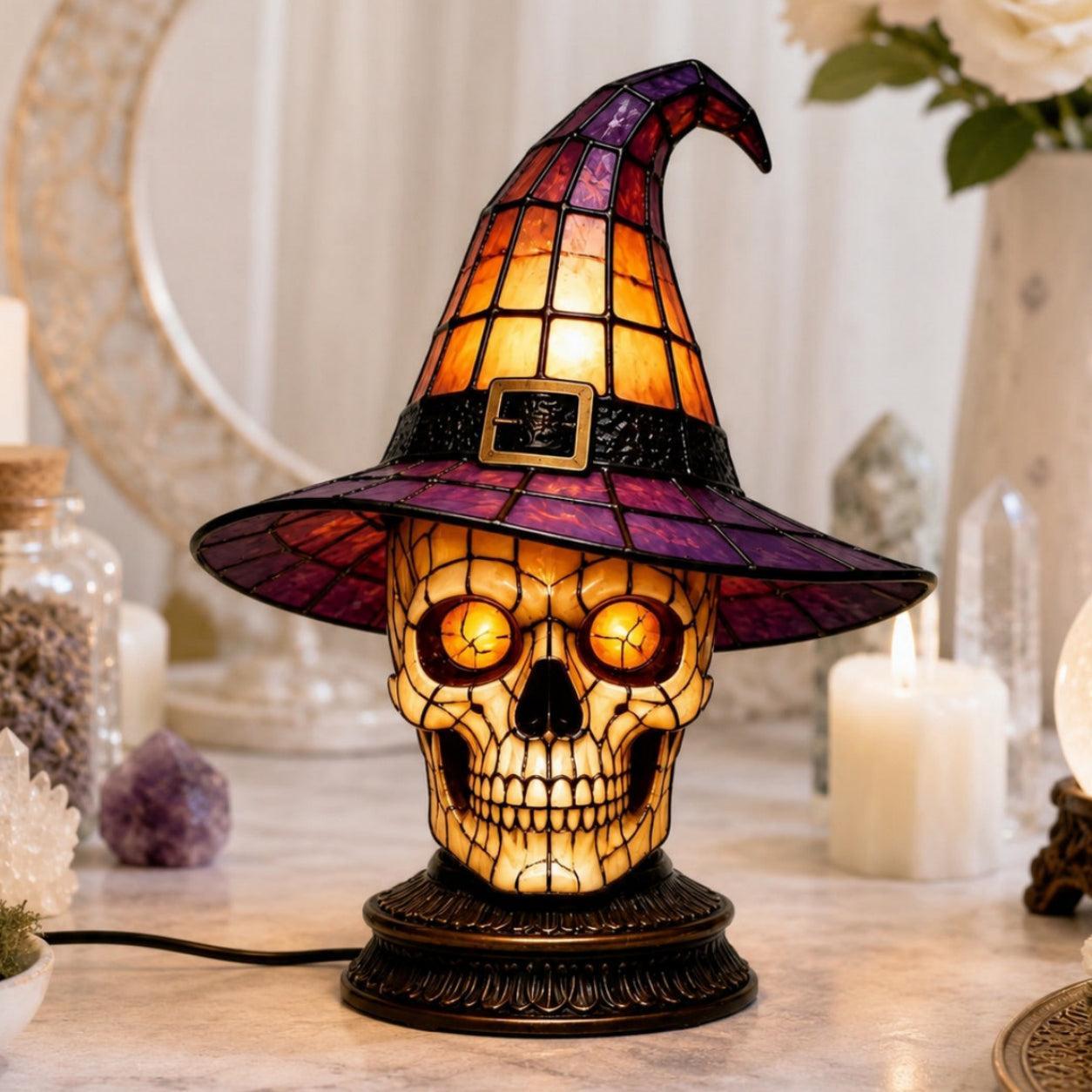 Dark academia skull witch hat night light in elegant bedroom setting with mirror