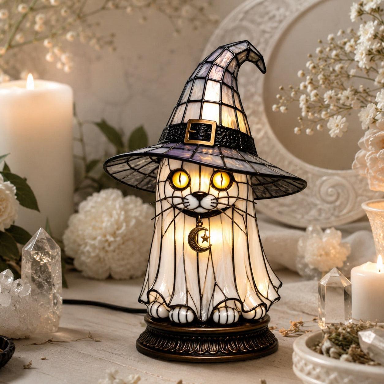 Dark academia cream cat ghost witch hat night light with white flowers and crystals