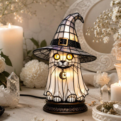 Dark academia cream cat ghost witch hat night light with white flowers and crystals
