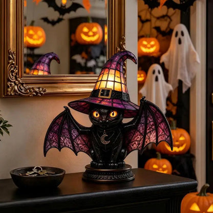 Dark academia bat cat witch hat night light with mirror reflection and Halloween ghosts backdrop