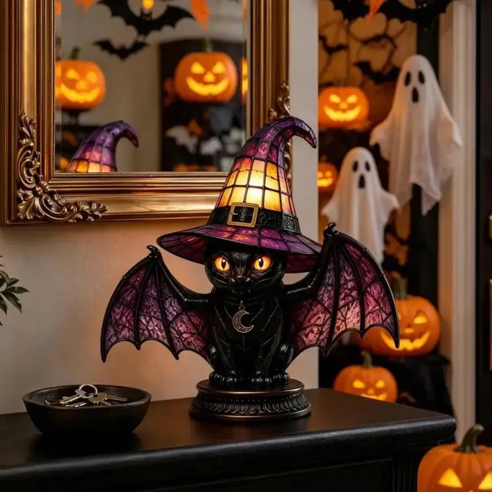 Dark academia bat cat witch hat night light with mirror reflection and Halloween ghosts backdrop